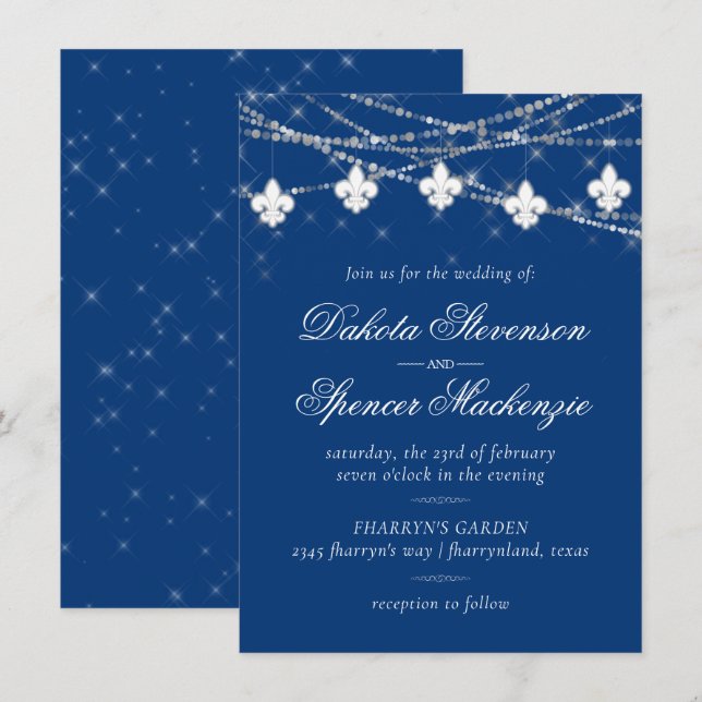 Fleur de Lis Classic Blue Ljus | Jewel Bröllop Inbjudningar (Fram/baksida)