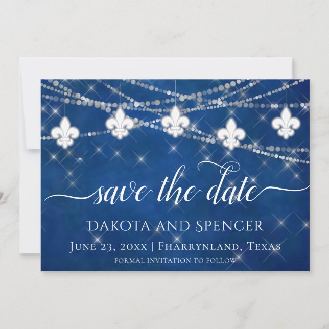 Fleur de Lis Classic Blue Ljus | Jewel Bröllop Spara Datumet (Framsida)