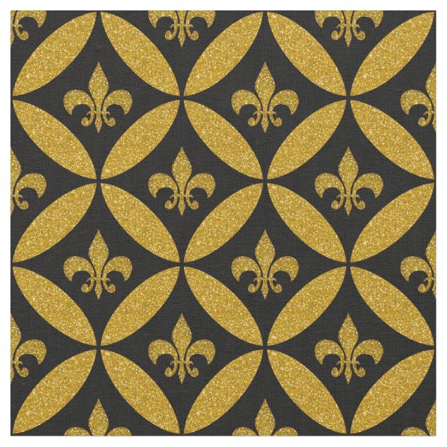 Fleur de Lis Eternity Mönster Faux Guld | Svart Tyg (Närbild)