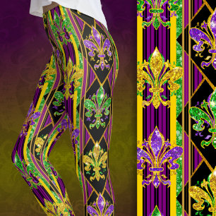 Fleur-de-lis falskt glitter mardi gras färger rand leggings