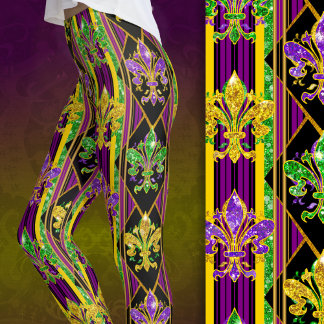 Fleur-de-lis falskt glitter mardi gras färger rand leggings