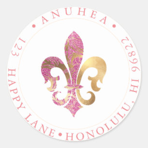 FLEUR DE LIS   FALSKT GULD+ROSA GLITTER DAMASK RUNT KLISTERMÄRKE