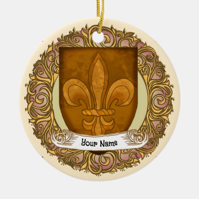 Fleur De Lis Family Crest-efternamn Julgransprydnad Keramik (Framsidan)