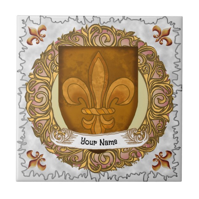 Fleur De Lis Family Crest-efternamn Kakelplatta (Framsidan)