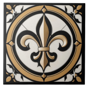 Fleur de Lis Faux Antique Black White Guld Kakelplatta