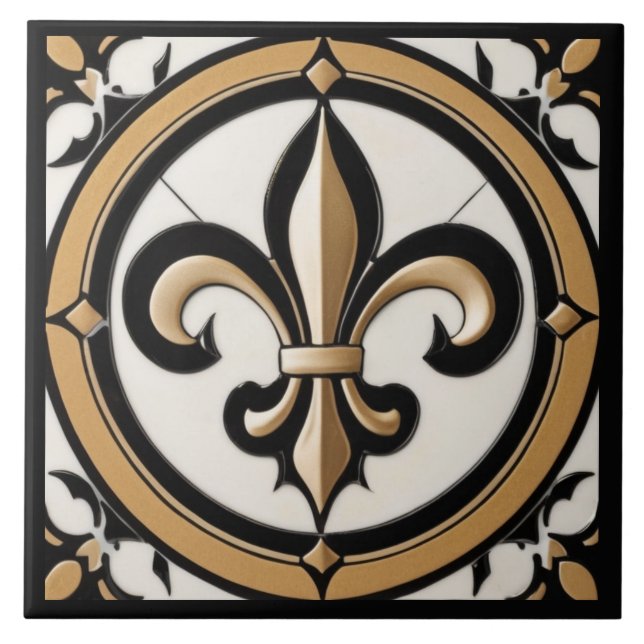 Fleur de Lis Faux Antique Black White Guld Kakelplatta (Framsidan)