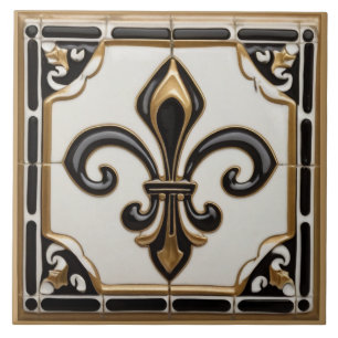 Fleur de Lis Faux Relief Black White och Guld Kakelplatta