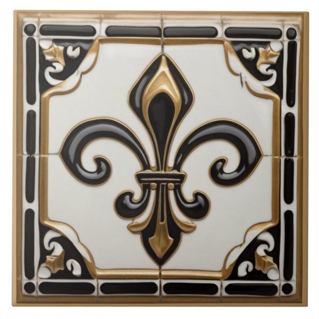 Fleur de Lis Faux Relief Black White och Guld Kakelplatta (Framsidan)