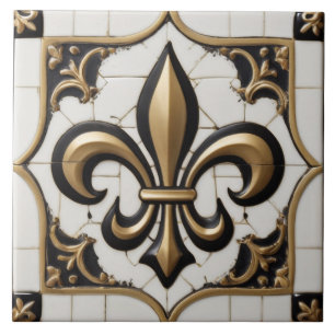 Fleur de Lis Faux Relief Vintage Black White Guld Kakelplatta