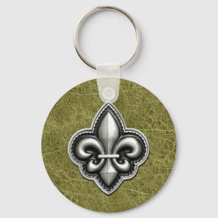 Fleur de Lis Försilvra på grön läderLook Nyckelring