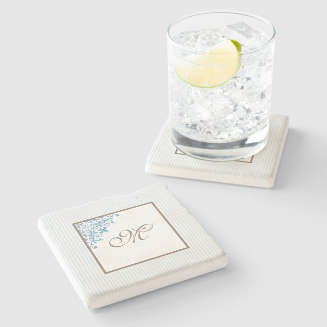 Fleur de Lis Fransk Blue Rand Script Monogram Stenunderlägg (Sidan)