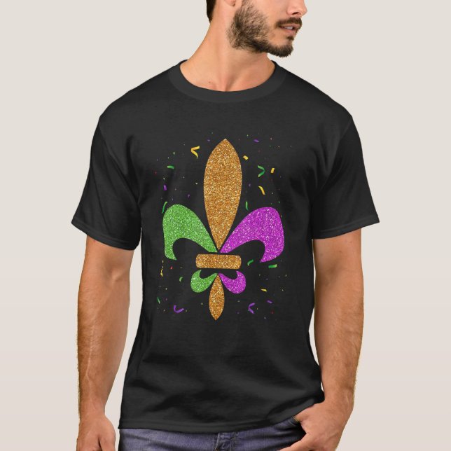 Fleur De Lis Glitter Effect Mardi Gras New Orlean T Shirt (Framsida)