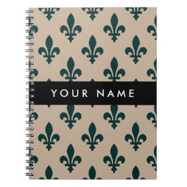 Fleur de Lis, Green on Beige, Royal, Your Name Anteckningsbok