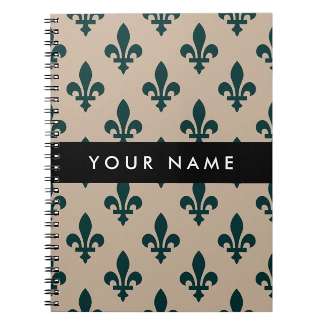 Fleur de Lis, Green on Beige, Royal, Your Name Anteckningsbok (Framsidan)