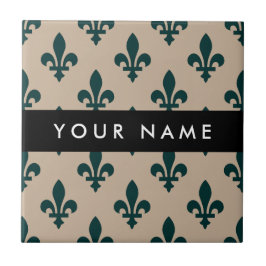 Fleur de Lis, Green on Beige, Royal, Your Name Kakelplatta
