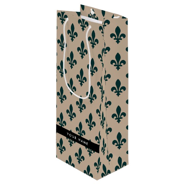 Fleur de Lis, Grön på Beige, Kunglig, Ditt Namn (Framsidan Vinklad)
