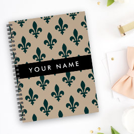 Fleur de Lis, Grön på Beige, Kunglig, Ditt Namn Anteckningsbok