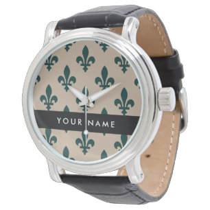 Fleur de Lis, Grön på Beige, Kunglig, Ditt Namn Armbandsur