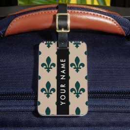 Fleur de Lis, Grön på Beige, Kunglig, Ditt Namn Bagagebricka
