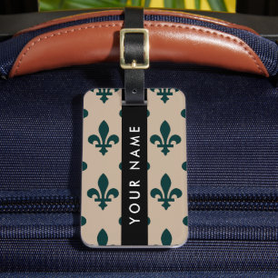 Fleur de Lis, Grön på Beige, Kunglig, Ditt Namn Bagagebricka