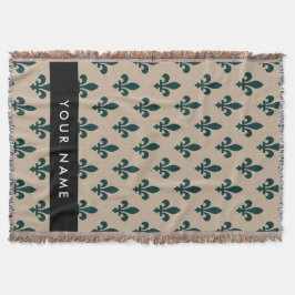 Fleur de Lis, Grön på Beige, Kunglig, Ditt Namn Filt