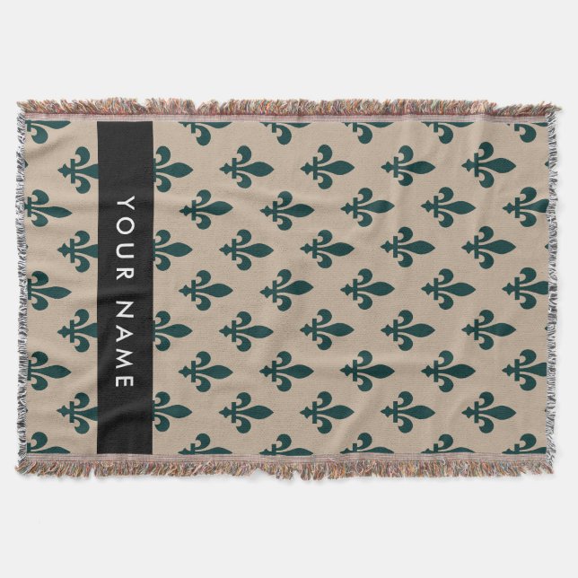 Fleur de Lis, Grön på Beige, Kunglig, Ditt Namn Filt (Framsidan)