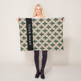 Fleur de Lis, Grön på Beige, Kunglig, Ditt Namn Fleecefilt