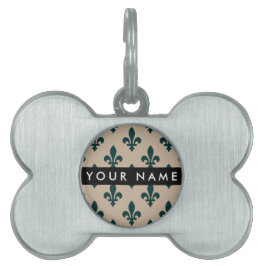 Fleur de Lis, Grön på Beige, Kunglig, Ditt Namn ID-bricka Husdjur