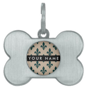 Fleur de Lis, Grön på Beige, Kunglig, Ditt Namn ID-bricka Husdjur