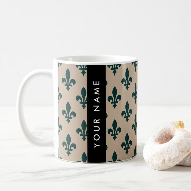 Fleur de Lis, Grön på Beige, Kunglig, Ditt Namn Kaffemugg (Med munk)