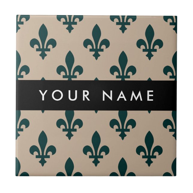 Fleur de Lis, Grön på Beige, Kunglig, Ditt Namn Kakelplatta (Framsidan)