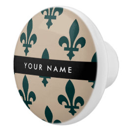 Fleur de Lis, Grön på Beige, Kunglig, Ditt Namn Knopp