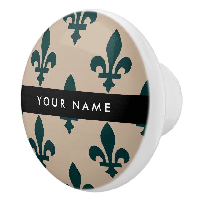 Fleur de Lis, Grön på Beige, Kunglig, Ditt Namn Knopp (Höger)