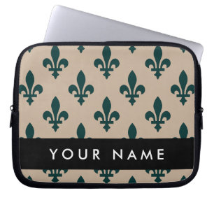 Fleur de Lis, Grön på Beige, Kunglig, Ditt Namn Laptop Fodral