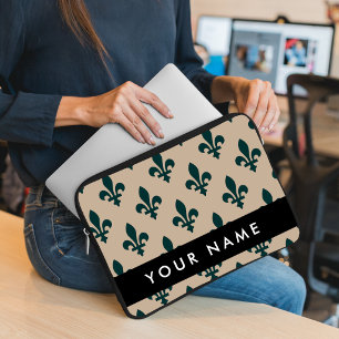 Fleur de Lis, Grön på Beige, Kunglig, Ditt Namn Laptop Fodral