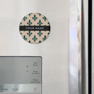 Fleur de Lis, Grön på Beige, Kunglig, Ditt Namn Magnet