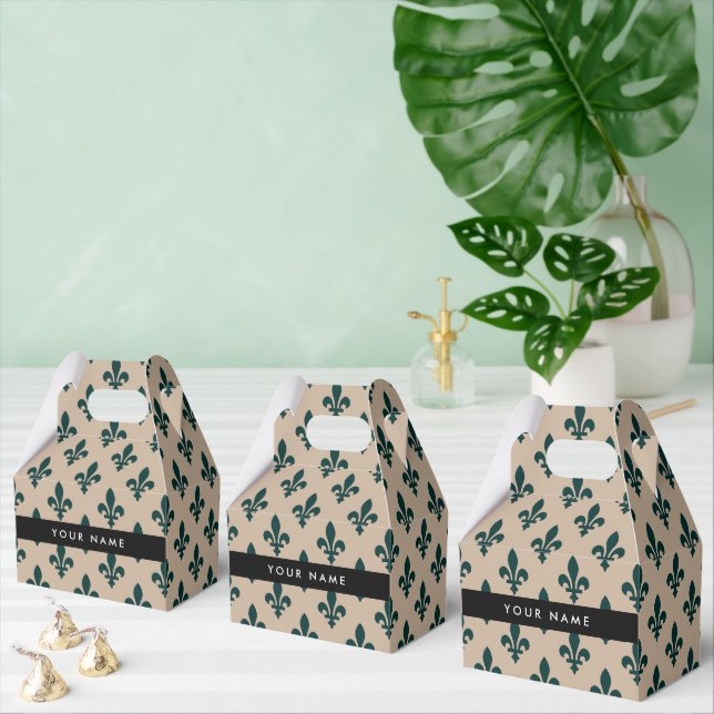 Fleur de Lis, Grön på Beige, Kunglig, Ditt Namn Presentaskar (Multipel)