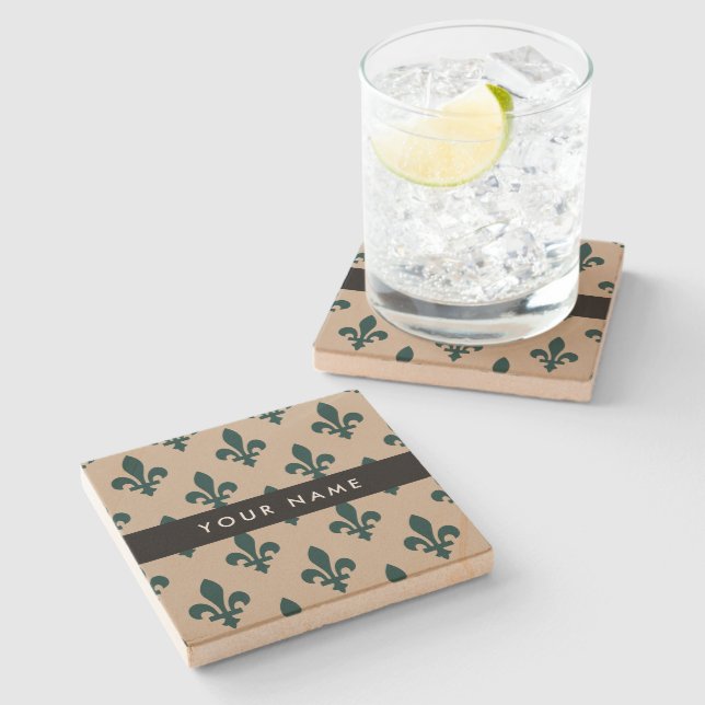 Fleur de Lis, Grön på Beige, Kunglig, Ditt Namn Stenunderlägg (Sidan)