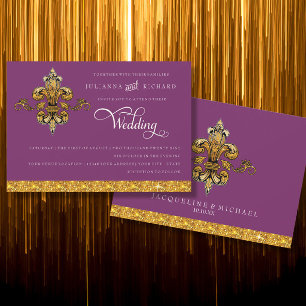 Fleur de Lis Guld Lila Elegant Forme Bröllop Inbjudningar