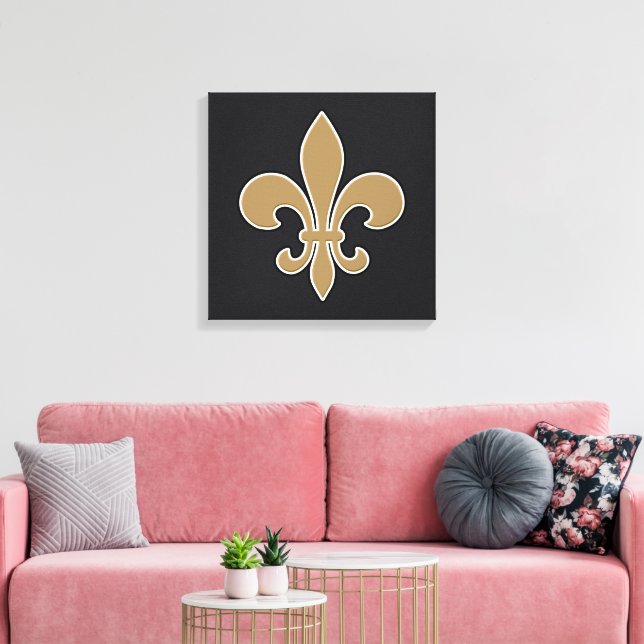 Fleur de Lis Guld med Vit och Svart Kontur Canvastryck (Insitu (Vardagsrum))