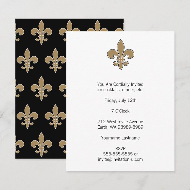Fleur de Lis Guld med vit och svart kontur Inbjudningar (Fram/baksida)