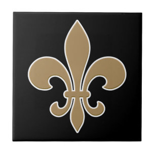 Fleur de Lis Guld med vit och svart kontur Kakelplatta
