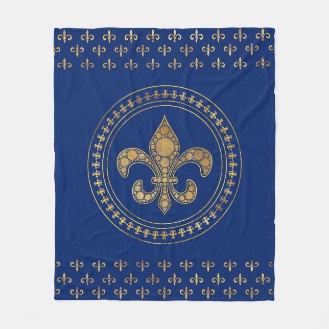 Fleur-de-lis - Guld och Royal Blue Fleecefilt (Framsidan)
