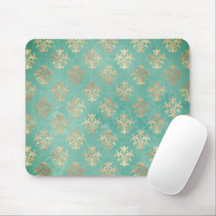 Fleur de lis guld och teal grönt vintage patina musmatta