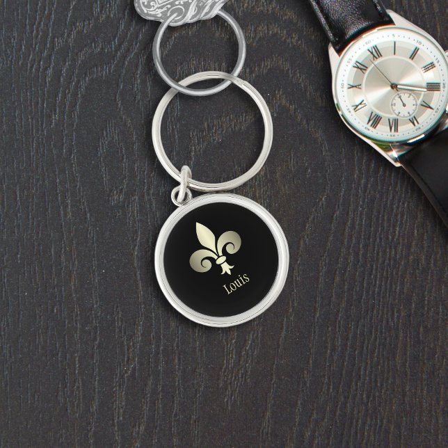 Fleur de Lis Guldmonogram Rund Silverfärgad Nyckelring (Fleur de Lis Gold Monogram Keychain)