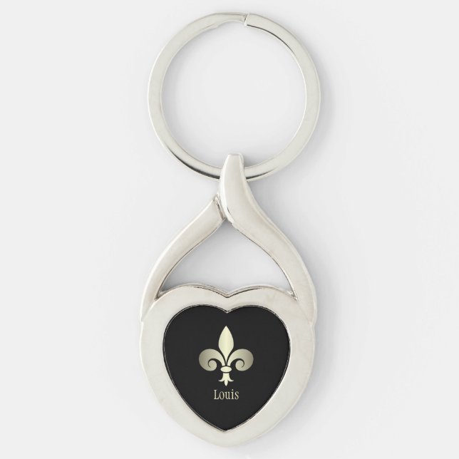 Fleur de Lis Guldmonogram Twisted Heart Silverfärgad Nyckelring (Framsidan)