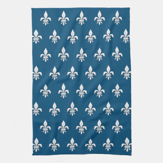 Fleur de Lis in White on Deep Cobalt Blue Kökshandduk (Vertikal)