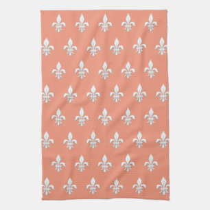 Fleur de Lis in White on Light Coral Rosa / Peach Kökshandduk