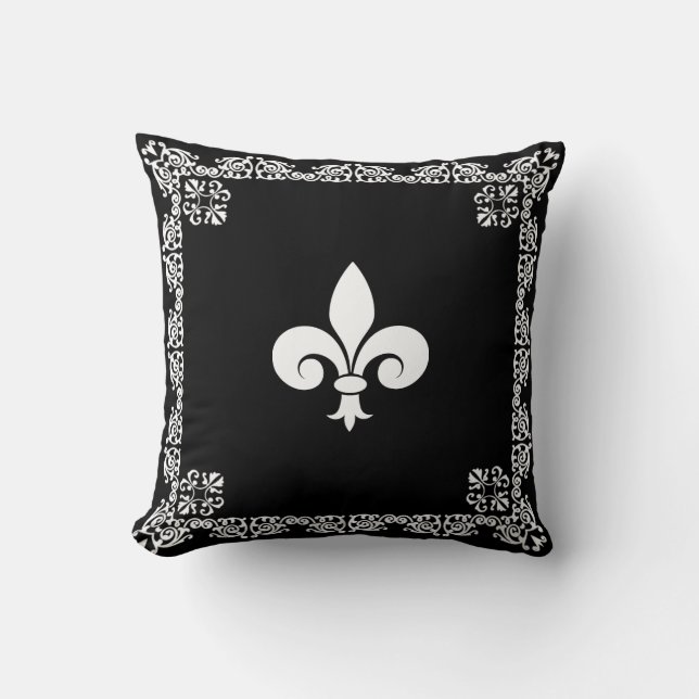 Fleur de Lis in White & Ram on Black Kudde (Framsida)