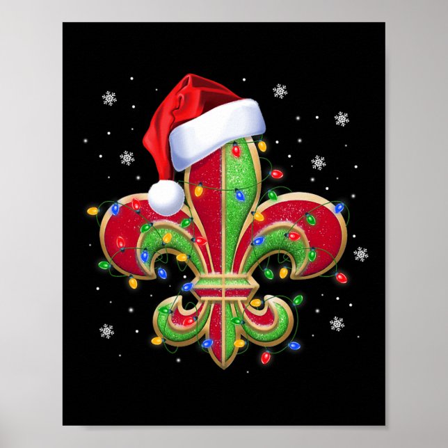 Fleur De Lis julprydnad med Santa Hat Xma Poster (Framsidan)